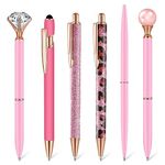 Flunyina Pink Ballpoint Pens 6Pcs Metal Diamond Fancy Pens Liquid Glitter Pens Crystal Big Diamond Pen Round Ball Pretty Pens Slim Ballpoint Pens Girly Pink Ink for Home School Office