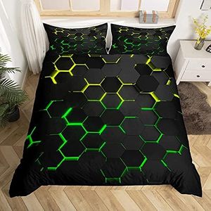 Honeycomb Bedding Duvet Cover Queen Size,Geometry Hexagon Theme with Green Yellow Neon Lights Comforter Cover,Boys Teen Man Chic Creative Home Bedding Quilt Cover 3Pcs with 2 Pillowcases,Black