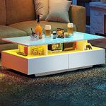 YITAHOME LED Coffee Table with Storage, High Glossy LED Coffee Tables for Living Room, Small Center Table with Open Display Shelf & Sliding Drawers, White