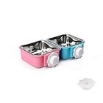 Crate Dog Bowl,Removable Stainless Steel Water Food Feeder Bowls Crate Coop Cup,Pet Cage Bowls with Bolt Holder for Cat, Puppy, Birds, Rats, Rabbits,Guinea Pigs ,Small Animals (Samll (Pack of 2), Square (Blue+Pink) 2 Pcs)