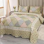 VIVILINEN Quilt Set Queen Size Green Patchwork Floral Quilted Bedspread Coverlet Set 3-Piece Reversible Comforter Lightweight Stitched Quilt Bedding Set Bed Sheet Cover Blanket with 2 Pillow Shams