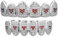 JINAO Red Diamond Heart Grills for Your Teeth 18k Gold Plated Iced Out Luxury Cubic Zirconia Silver Teeth Grillz set with Extra Molding Bars Included for Men Women (Red Heart Silver set)