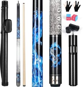 Kmise 58'' 20oz Pool Cue with Telescopic Fiber Extension Cue, Canadian Maple Handmade Professional Billiard Pool Cue Set with Leather Pool Cue Case, Pool Chalk and Gloves.(Blue Flame)