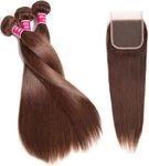 Aiokrtse Peruvian Virgin Hair Straight Human Hair Bundles Hair Weave 100% Human Hair Extensions #4 Light Brown Color (#4 Light Brown Color, 16 18 20+14"closure)