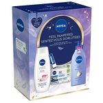 NIVEA Feel Pampered skincare routine holiday gift set | Contains : Makeup removing Wipes 40pc, Lip Balm 4.8g, Body Lotion 625mL & Body Wash 500mL | Bundle for normal to dry skin