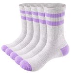 YUEDGE Womens Striped Grey Cotton Crew Socks For Women Ladies 4-7 Uk, Moisture Wicking Cushioned Gym Golf Tennis Running Walking Athletic Sports Socks, 5 Pairs