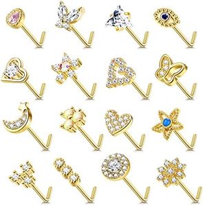 Kakonia 16 Pcs 20G Nose Studs Surgical Steel L Shaped Nose Rings Studs for Women Opal CZ Heart Butterfly Nose Piercing Jewelry Silver Rose Gold