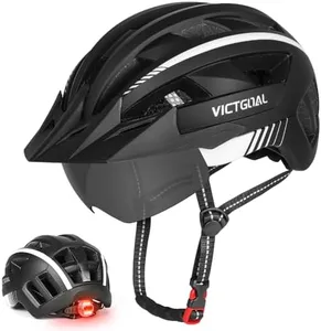 VICTGOAL Bike Helmet for Men Women with Led Light Detachable Magnetic Goggles Removable Sun Visor Mountain & Road Bicycle Helmets Adjustable Size Adult Cycling Helmets (XL: 59-63 cm, Black White)