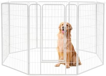 Petzly Dog Playpen 8 Panel Pet Playpen with Door, 80 x 120 CM Foldable Metal Exercise Puppy Playpen for Large/Medium/Small Dogs, Dog Pen for Camping RV Garden Yard Indoor Outdoor, White