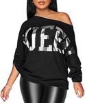 PESION Womens Off The Shoulder Tops Sexy Shiny Metallic Shirts Long Sleeves Fashion Graphic T-shirts Blouses, Black+ Silver, Small