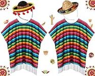 JaGely 4 Pcs Cinco De Mayo Mexican Fiesta Serape Poncho Fabric and Straw Sombrero Headbands Mexican Costume (Retro)