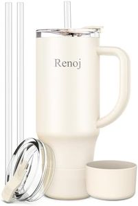 Renoj Tumbler with Handle 100% Leak Proof Insulated Water Bottle for Iced Coffee & Hot Drinks - Fits Car Cup Holder, Ideal Gift, 2 Straws & Silicone Boot - SnapShift White 32 oz