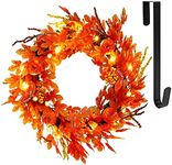 Twinkle Star Lighted Fall Wreath with Metal Hanger, 16" Pre-lit Autumn Harvest Wreaths with 20 LED Lights, Artificial Maple Leaves Pumpkins and Berries, Front Door Wall Thanksgiving Decorations