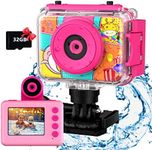 USHINING Kids Waterproof Camera - Kids Digital Underwater Camera 20MP 180 Rotatable Action Sport Camera 1080P HD Camcorder 32GB SD Card, Bithday Gifts for Girls Aged 4,5, 6, 7, 8-12 Years Old-Pink