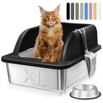 KareCute Stainless Steel Cat Litter Box with Lid, 24'' x 16'' x 12'' Metal Litter Box with Litter Scoop, Easy Clean Stainless Steel Cat Litter Box, Non-Stick Extra Large Cat Litter Box Covered(Black)