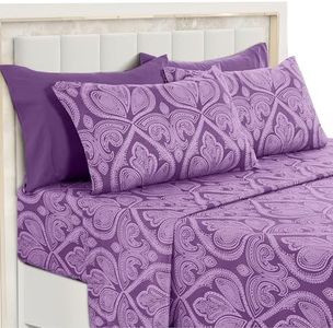 LDC King Size Bed Sheets Set, 6-Pc Cooling Bed Set, Breathable Hotel Style Sheets, Microfiber Sheets Deep Pockets, Easy-Fit, Soft & Wrinkle Free Oeko-Tex Paisley Bed Sheets (King, Purple)
