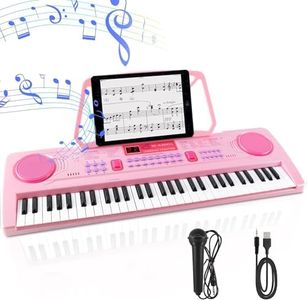 WOSTOO Electric Keyboard Piano for Kids, Portable 61 Keys Electronic Musical Karaoke Keyboard, Learning Piano Keyboard for Children with Music Stand, Microphone, Pink (24.6 * 7.9 * 2.45 inches)