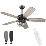 Melkelen Farmhouse Ceiling Fan, 52Inch Ceiling Fans with Lights and Remote Control, Rustic Barnwood Blades, Industrial Cage Light, Matte Black, MK03-BK