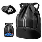 BROTOU Unisex Drawstring Backpack, Waterproof Gym Bag, Large Oxford PE Bag, Students School Bag, Durable Sports Ball Bag, with Shoe Bag (Black)