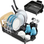 kingrack Dish Drainer Rack with Extendable Draining Board, Stainless Steel Dish Drying Rack, Kitchen Dish Rack with Large Capacity Plate Rack Cutlery Holder, Black