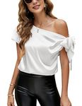 VIDUSSA Women's Satin Shirt Off Shoulder Tops Silk Blouse Short Sleeve Casual Tunic Tops White L