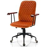 SFAREST Velvet Office Chair, Ergonomic Mid-back Computer Desk Chair with Rubber Wood Armrests and 5-Claw Metal Base, Height Adjustable Rolling Armchair for Home Office (Orange)