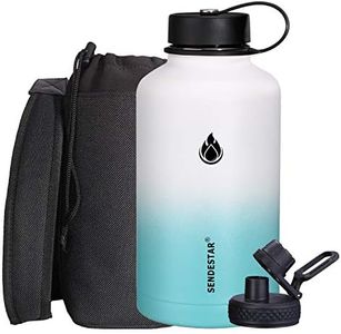 SENDESTAR 64 oz Water Bottle Double Wall Vacuum Insulated Leak Proof Stainless Steel Beer Growler +2 Lids—Wide Mouth with Flat Cap & Spout Lid Includes Water Bottle Pouch (White&Teal)