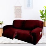 Fengshui 2 Seater Recliner Sofa Covers, 6-Piece Extra Wide 75" - 100" Velvet Stretch Reclining Couch Covers Extra Wide Reclining Loveseat Cover with Side Pocket, Thick Soft Washable, Wine Red