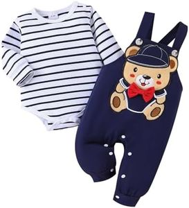 TOKIAGO Baby Boy Clothes 0-3 Months Newborn Outfits Fall Winter Long Sleeve Blue Striped Romper Infant Cute Bear Overall Adjustable Suspender Pants Set 0-3 Months