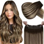 LaaVoo Wire Hair Extensions Human Hair Balayage Brown Fish Line Hair Extensions Human Hair For Women Brown Balayage Caramel Brown Adjustable Wire Extensions Real Hair Hidden Line 16 Inch 80g