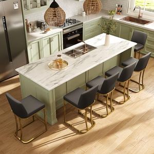 MAISON ARTS Counter Height Bar Stools with Back Set of 6 for Kitchen Counter, 24 Inch Modern Upholstered Faux Leather Barstools Farmhouse Bar Chairs Luxury Island Stools Support 330LBS, Grey & Gold