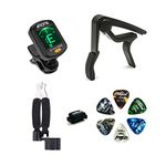 Meeland Guitar Accessories Kit, Clip On Guitar Tuner, Guitar Capo（Rosewood Colour）, Guitar String Winder Cutter Pin Puller 3 in 1 tool, Guitar Strap, 6 Guitar Picks(6 Thickness） (black)