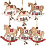 Logbuch-Verlag 6 Wooden Pendants Rocking Horse Wooden Horse Pendant Christmas Wood Decoration Natural Red Christmas Tree Hanger with Bell