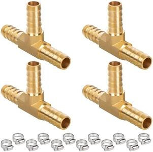 JUWO 1/4" Hose Barb Tee, Brass Barb Fitting for Fuel, Air, Oil, 12 Clamps Included (4-Pack)