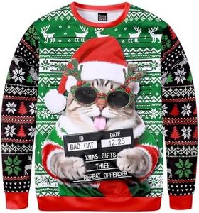 Funny World Mens Ugly Christmas Sweatshirt Xmas A Jailed Cat Wearing Sunglasses Sweater 3D Print Long Sleeve, large, Jailed Cat