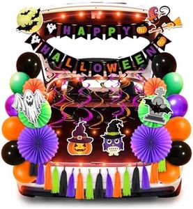 Halloween Trunk or Treat Car Decorations Kit with LED Lights, Happy Halloween Theme Design Car Archway Garage Decoration with Banner, Paper Fans, Balloons, Tassel, Spiral Band and Pumpkin Stickers