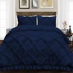 Exquisitely Superior Soft Diamond Ruffle Rajai/Duvet/Quilt Cover 3 PCS Set with Zipper, 100% Egyptian Cotton (1 Duvet Cover and 2 Pillow Cases) 400 Thread Count- King Size Navy Blue Solid