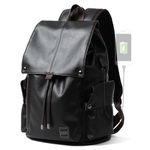 MATE ELAN Leather Backpack Fit 15.6" Laptop Waterproof Vintage School Travel College Student Bookbag Casual Work Backpack, Black-drawstring, Large, Leather Backpack for Man