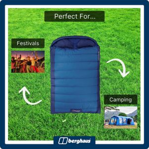 Berghaus Double Sleeping Bag with Built-in Pillow – Waterproof, 2-3 Season, Blue