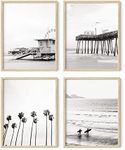 HAUS AND HUES Beach Wall Art Black and White - Set of 4 Black and White Wall Art Beach Posters, Beach Wall Decor, Black and White Wall Decor, Ocean Posters Black and White Beach (Beige Frame, 11x14)