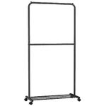 SONGMICS Clothes Rack with Wheels, 35.8 Inch Middle-Rod Garment Rack, Clothing Rack for Hanging Clothes, with Dense Mesh Storage Shelf, 44 lb Load Capacity, 2 Brakes, Steel Frame, Black UHSR027B01