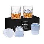 Whiskey Rocks Glass, Set of 4 (2 Crystal Bourbon Glasses, 2 Round Big Ice Ball Molds) in Gift Box - 10 Oz Old Fashioned Glasses for Scotch Cocktail Rum Cognac Vodka Liquor, Unique Gifts for Men