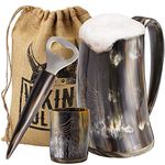 Viking Culture Ox Horn Ale, Mead, and Beer Tankard Vintage Stein Custom Intricate Design - Polished Finish Mug, Shot Glass, and Bottle Opener with Handle (16-oz) -3 Pieces Set