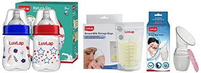 LuvLap Baby Breast Milk Storage Bags (Pack of 25) & Anti-Colic Wide Neck Natura Flo Baby Feeding Bottle, 150ml, Pack of 2, Blue & Luvlap Silicone Food Grade Breast Milk Catcher/Saver(White, 100ml)