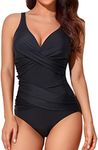 Smismivo Tummy Control Swimsuits for Women Slimming One Piece Bathing Suit Modest Padded Ruched Push Up Long Torso Curvy Shapewear V Neck Criss Cross Swimming Suits Full Coverage Swimwear (Black)