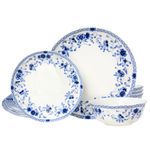 LE POTOCIO Fine Royal Gold-Plated Bone China Dinnerware Set for 4, 12-Piece Blue and White Porcelain Dinnerware Set, Dinner Plates and Salad/Dessert Plate Set with Bowls Service for 4 (12, Blue