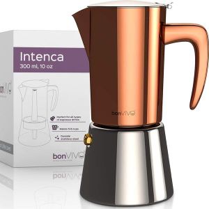 bonVIVO Moka Pot - Intenca Espresso Maker w/Stainless Steel, Copper Finish - Hob & Stove Top Coffee Maker - Italian Percolator for 6 Cups of Espresso