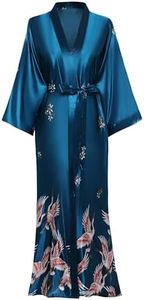 PRODESIGN Long Kimono Robe Satin Sleepwear Blouse Bathrobe Nightgown Silky Crane Kimono Cardigan Robe, Turquoise, One Size