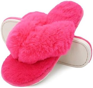 Onmygogo Rabbit hair Indoor Thong Slippers for Women Open Toe with Memory Foam, Soft Faux Fur Nonslip House Slippers(Rose,L)