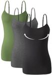 Knuffnee Womens Camisole with Shelf Bra Cotton Camis Undershirts Adjustable Spaghetti Strap Tank Tops 3 Pack Army Green/Dark Grey/Black M